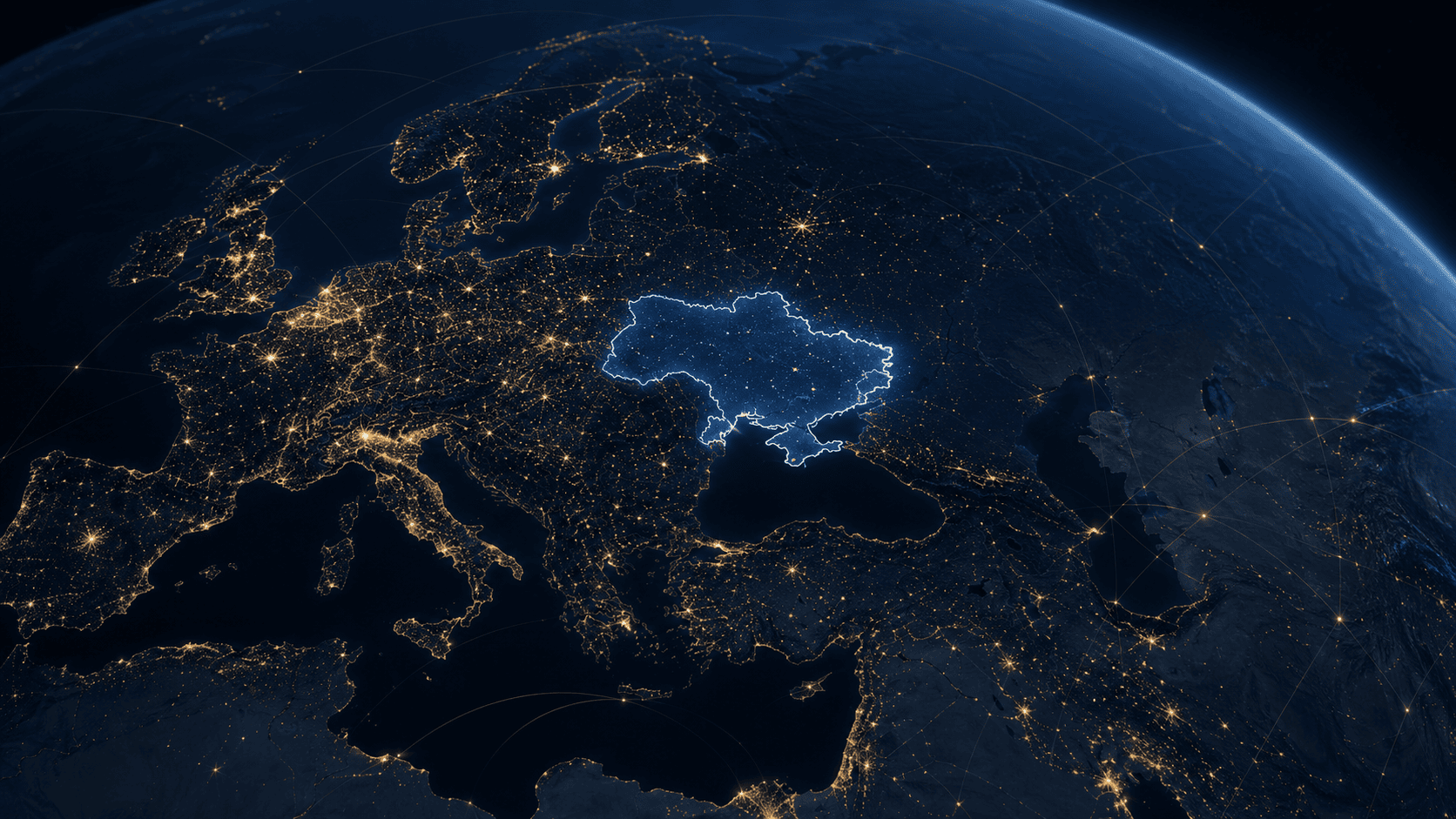 Night view of Europe and the Mediterranean region with Ukraine highlighted